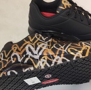 Black and Gold Composite toe Slip-proof Skecher Sneakers with Heart Design